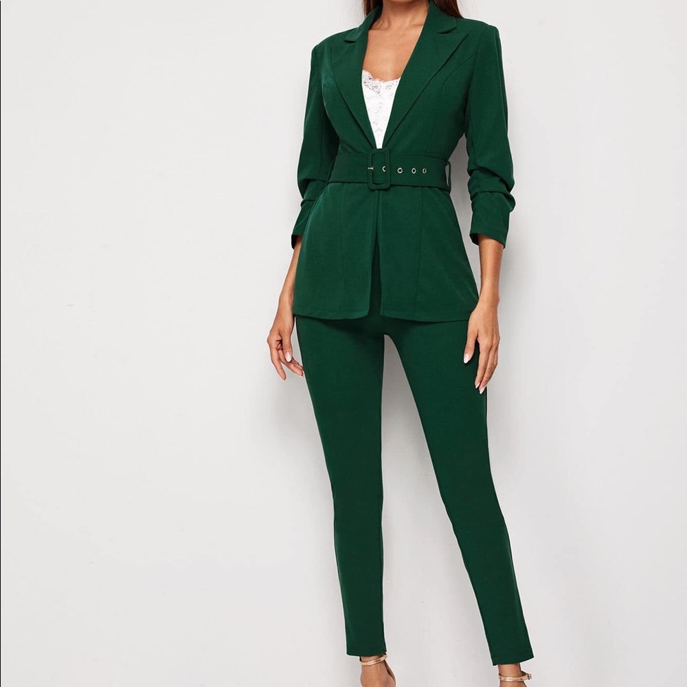 Belted Blazer and Pants Suit Set